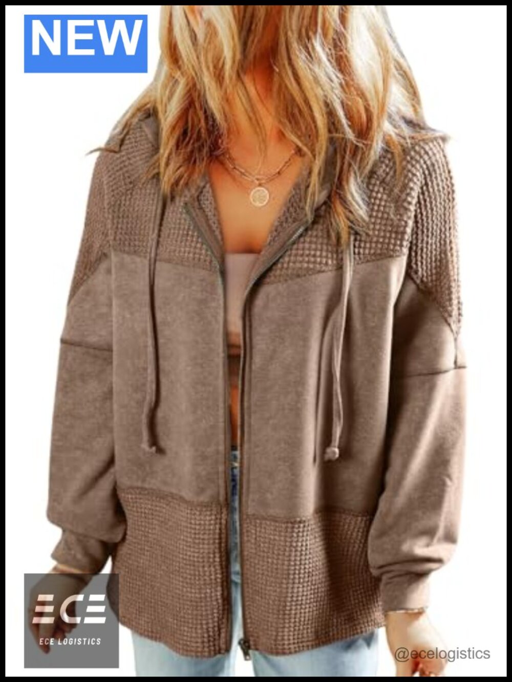 Waffle Knit Zip Up Hoodie Oversized Drawstring Jacket
